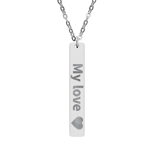 Engravable Vertical Bar Necklace — Personalized "My love" Heart Pendant