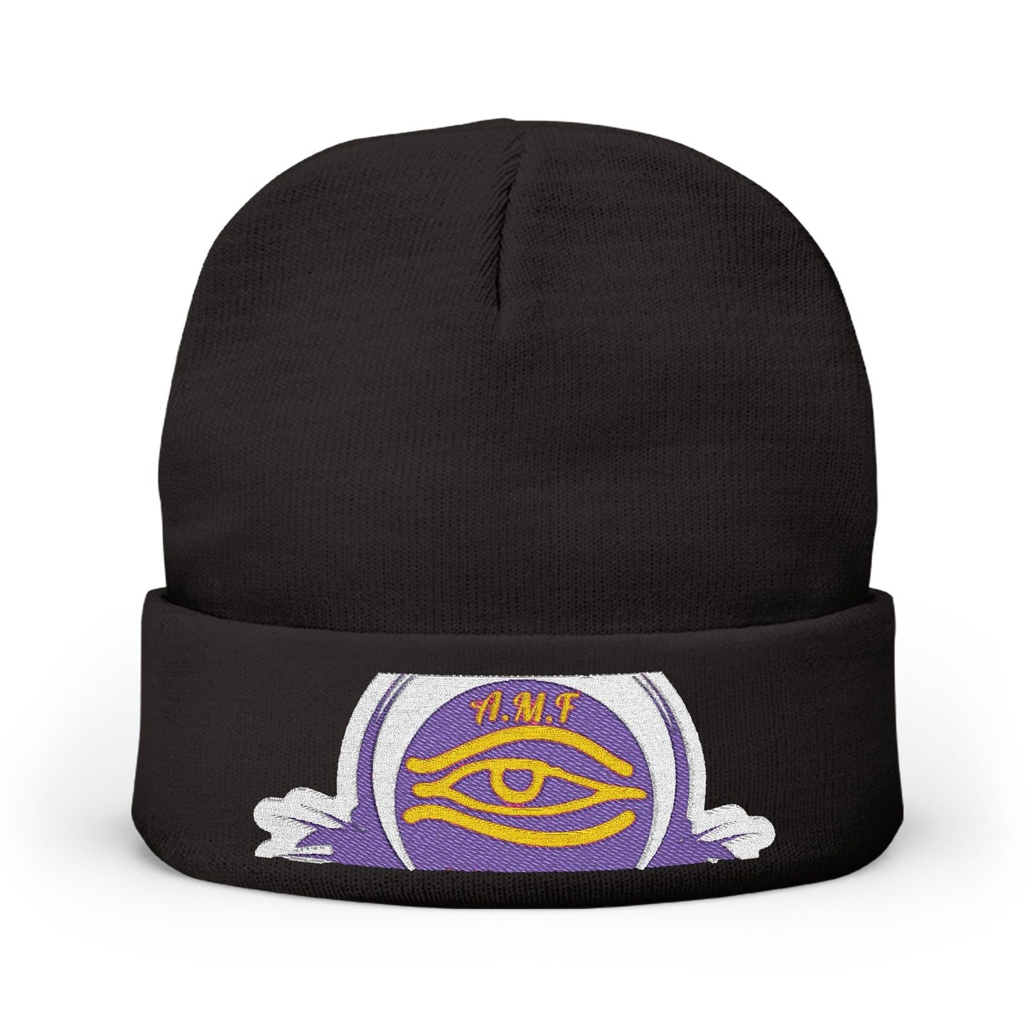 Embroidered Mystic Eye Knit Beanie — Purple & Gold Spiritual Winter Hat