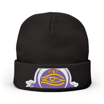 Embroidered Mystic Eye Knit Beanie — Purple & Gold Spiritual Winter Hat