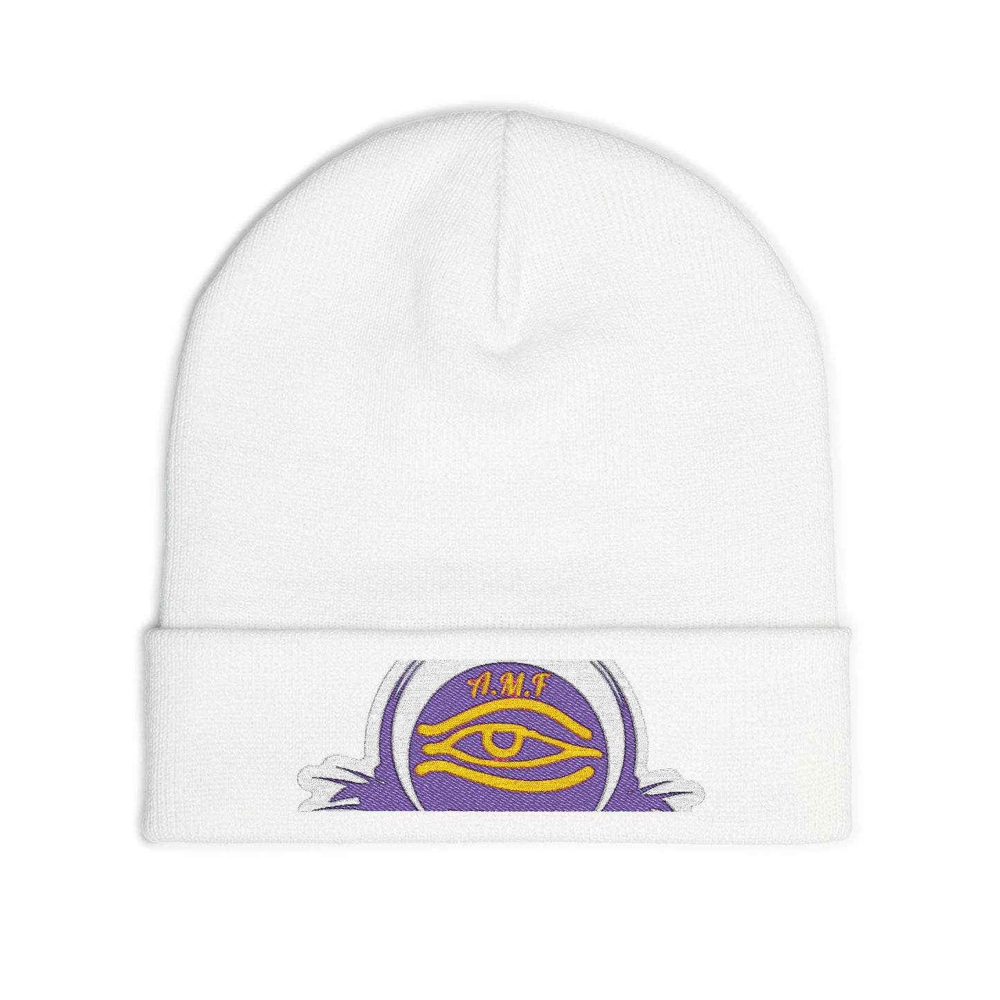 Embroidered Mystic Eye Knit Beanie — Purple & Gold Spiritual Winter Hat