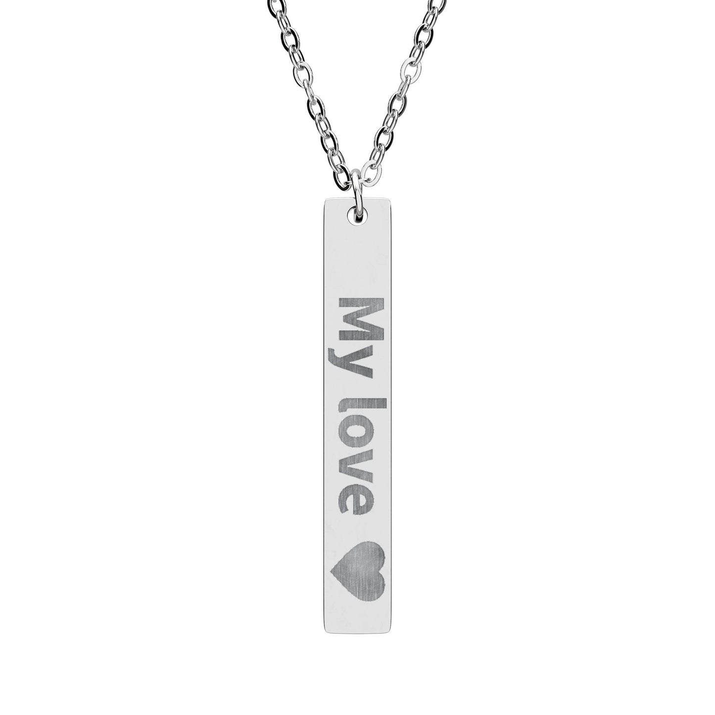 Engravable Vertical Bar Necklace — Personalized "My love" Heart Pendant