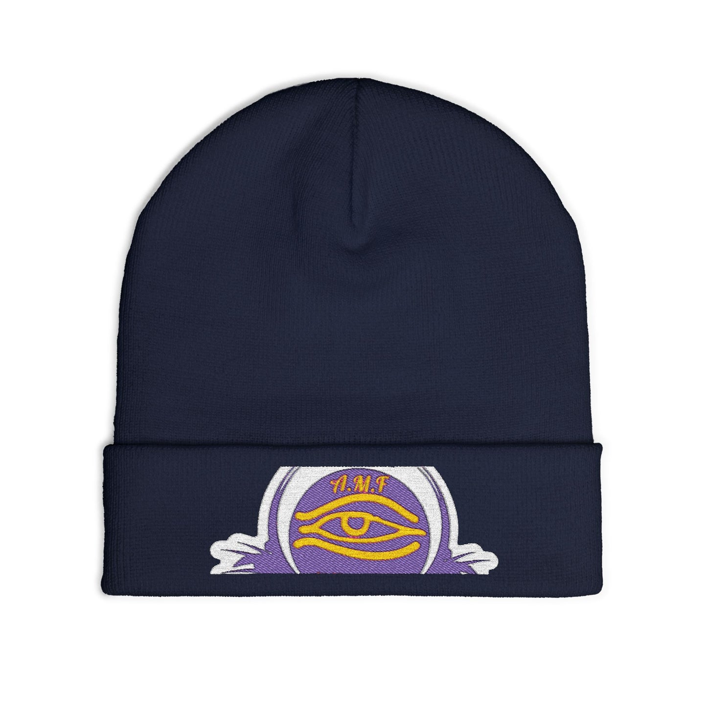 Embroidered Mystic Eye Knit Beanie — Purple & Gold Spiritual Winter Hat
