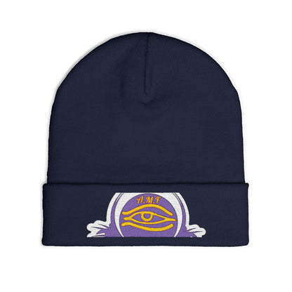 Embroidered Mystic Eye Knit Beanie — Purple & Gold Spiritual Winter Hat