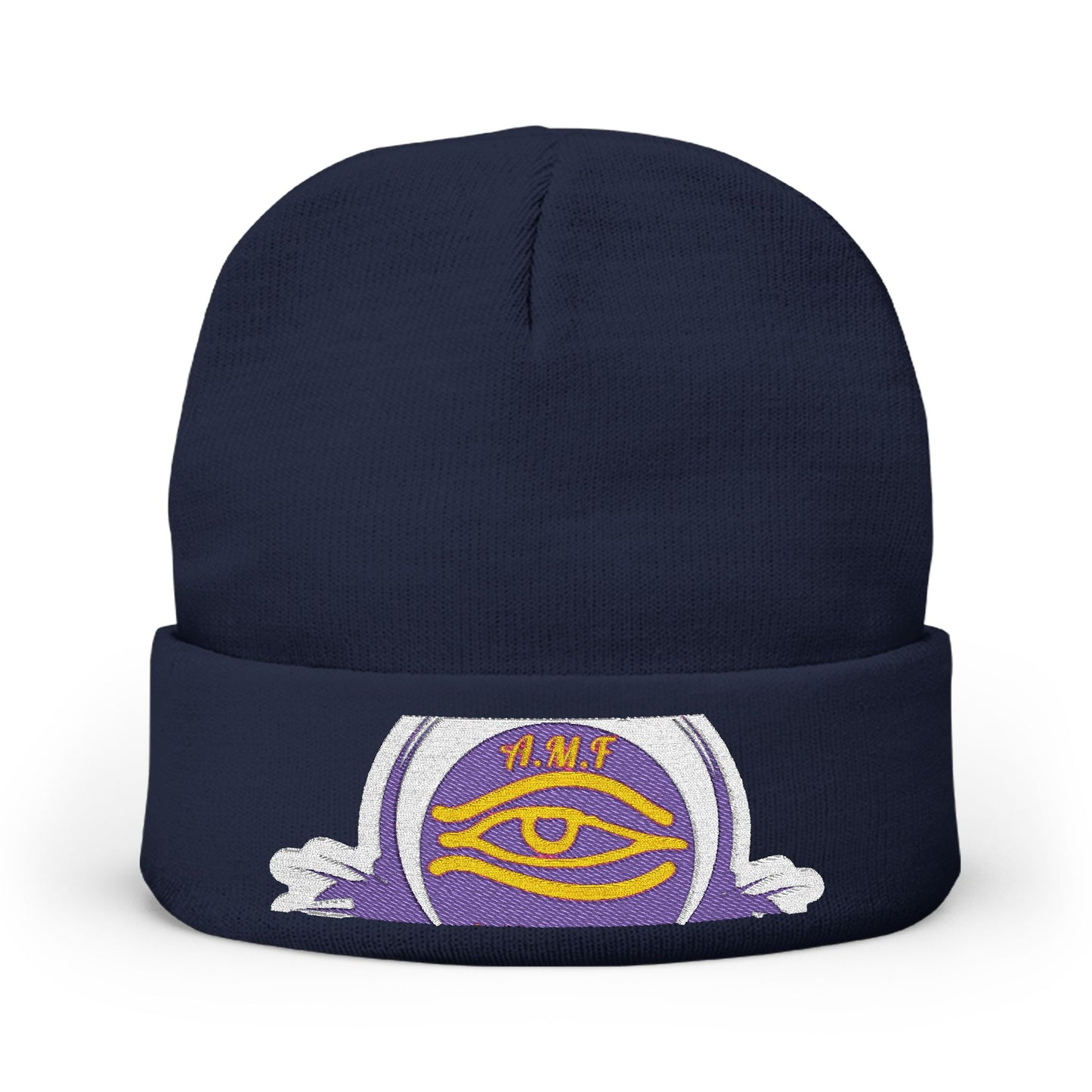 Embroidered Mystic Eye Knit Beanie — Purple & Gold Spiritual Winter Hat