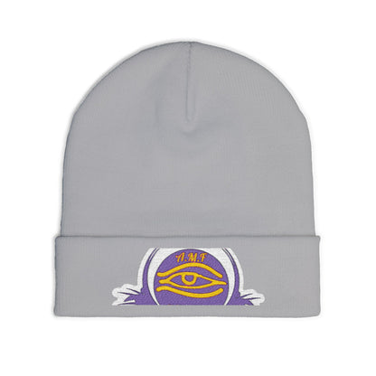 Embroidered Mystic Eye Knit Beanie — Purple & Gold Spiritual Winter Hat