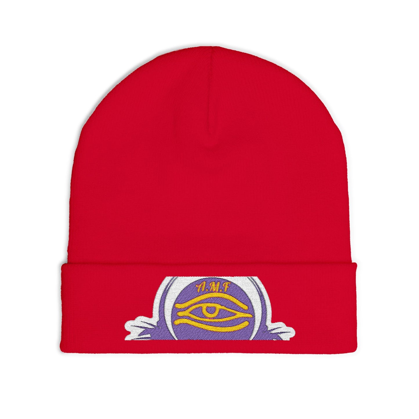 Embroidered Mystic Eye Knit Beanie — Purple & Gold Spiritual Winter Hat