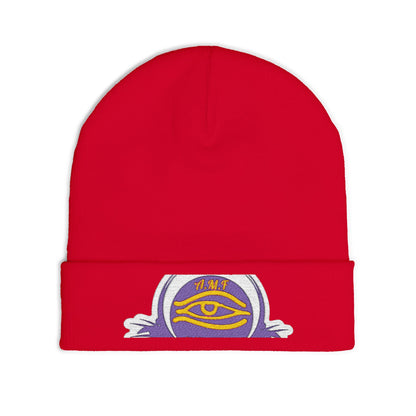 Embroidered Mystic Eye Knit Beanie — Purple & Gold Spiritual Winter Hat