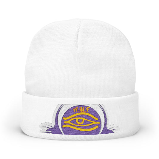 Embroidered Mystic Eye Knit Beanie — Purple & Gold Spiritual Winter Hat