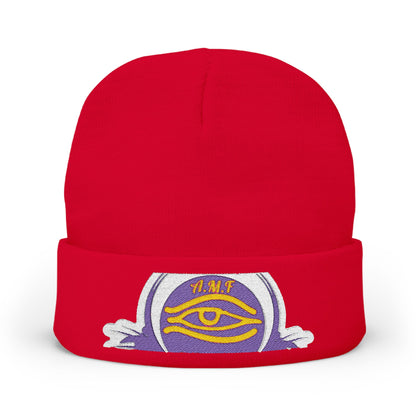 Embroidered Mystic Eye Knit Beanie — Purple & Gold Spiritual Winter Hat